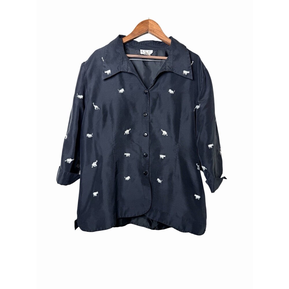 Vintage Silk I.S.C. Black ‎ Animal Embroidered Button Up Shirt Top Women's L